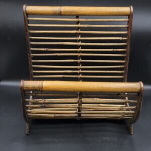Vintage Rattan Magazine Rack MCM Bamboo Book Holder 12"